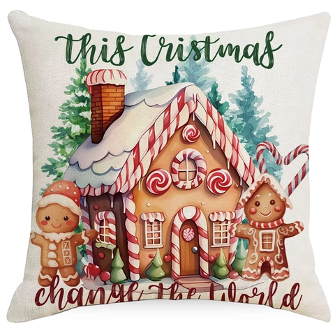 Federe Per Cuscini Di Natale In Lino Motivo Casetta Omino Pan Di Zenzero Decorative Per Divano Casa