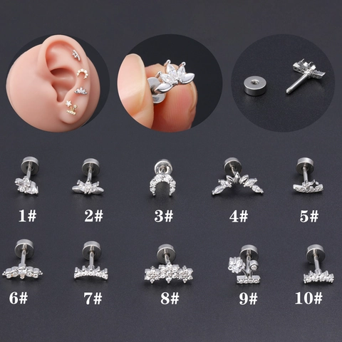 Stainless Steel Copper Moon Flower Zirconia Ear Cartilage Studs Micro Inlaid Screw Back Helix Piercing Jewelry For Women Men