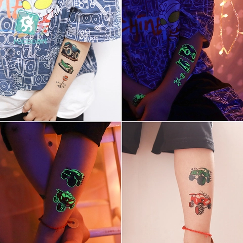 Kids Luminous Temporary Tattoos Stickers Waterproof Glow In The Dark Racing Car Cartoon For Boys Party Favors
