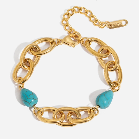 Grobe Gliederkette Armband 18K Vergoldet Edelstahl Mit Türkis Und Unregelmäßiger Künstliche Perle Französischer Vintage Retro Stil
