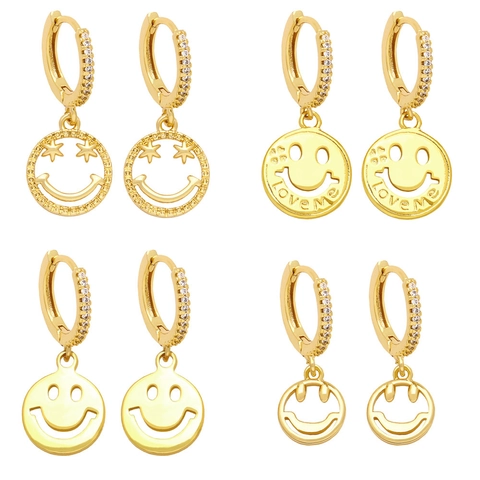 Smiley Gesicht Hoop Ohrhänger Kupfer 18K Vergoldet Zirkonia Hohl Rund Love Me Anhänger Mode Schmuck Für Frauen