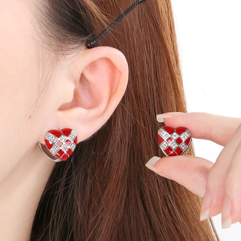 Boucles D'oreilles Cœur Acier Inoxydable Émail Damier Strass Bijoux Vintage Avec Tige En Argent Sterling 925