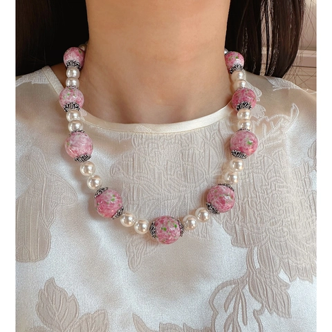 Lussuosa Collana in Ottone Stile Cinese Vintage con Perle Artificiali e Vetro con Motivo Macchiato Set di Gioielli da Donna