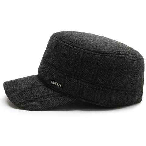 Men Winter Warm Flat Top Hat Herringbone Woolen Cadet Cap Thickened Cotton Lined Outdoor Patrol Hat For Middle Aged Men