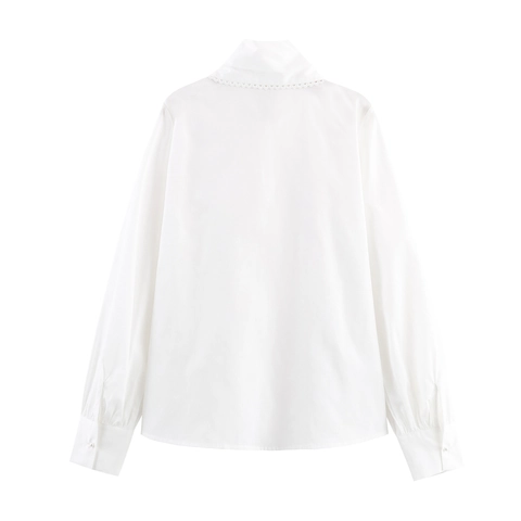 Camicetta Bianca Maniche Lunghe Poliestere Collo Con Fiocco Pizzo Bottoni Perla Artificial Top Elegante Dolce Donna
