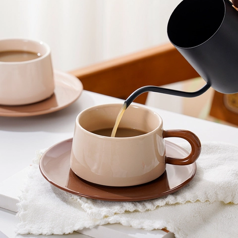 Taza De Café Y Platillo De Cerámica Nórdico Retro Color Block Taza Con Mango Redondo Té Resistente Al Calor