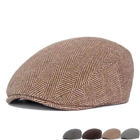 Men Newsboy Cap Wolmix Tweed Visgraat Platte Hoed Britse Retro Ivy Caps Warme Winter Accessoires Voor Heren
