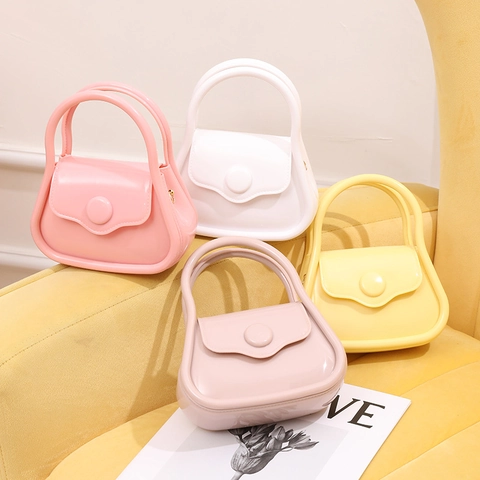 Women Mini Jelly Handbag Glossy PVC Macaron Color Flap Crossbody Bag With Detachable Gold Chain Trendy Kawaii Top Handle Purse