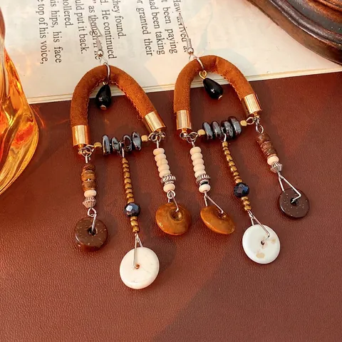 Pendientes Colgantes Étnicos Bohemios Con Cuero Madera Cuentas Y Poste De Plata De Ley 925 Joyería Vintage Para Mujer