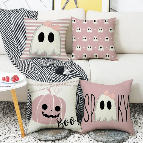 Halloween Kissenbezug Leinen Kissenhülle Süßer Rosa Geist Kürbis Boo Spooky Druck Für Sofa Heimdekoration