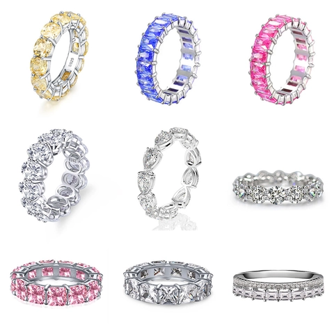 925 Sterling Silver Eternity Ring High Carbon Diamond Luxury Engagement Multi Cut Sparkly Jewelry For Women