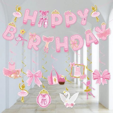 Set Decorazione Festa Di Compleanno Tema Balletto Rosa Oro Glitter Cartone Banner Spirali Decorazione Torta Ragazze