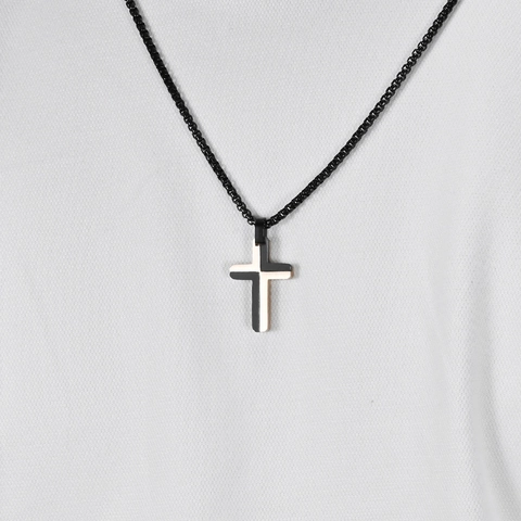 Collier Pendentif Croix Acier Inoxydable Bicolore Noir Or Rose Finition Brossée Bijoux Punk Pour Hommes Femmes