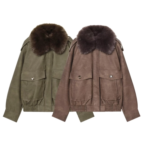 Women Faux Suede Bomber Jacket Large Faux Fur Collar Zip Up Retro Streetwear Casual Loose Outerwear Coat