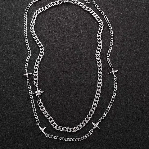 Double Layered Star Pendant Necklace Men Titanium Steel Cuban Chain Hip Hop Trendy Jewelry With Rhinestones