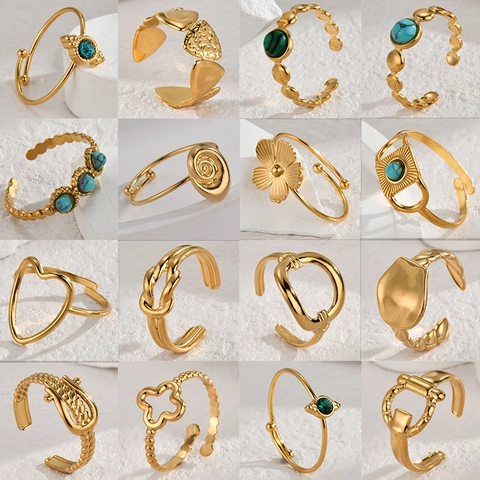 Geometrische Offene Ringe Für Damen Edelstahl Verstellbar Türkis Blume Herz Knoten Schlange Eleganter Modeschmuck