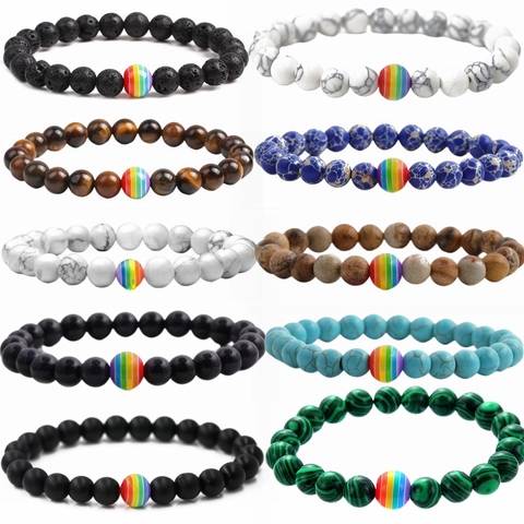 Natuursteen Kralen Armband Met Regenboog Gestreepte Kraal Elastisch Unisex Sieraden Vulkanische Lava Tijgeroog Turkoois