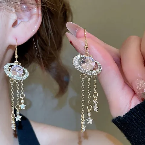 Pendientes De Borla De Planeta Con Poste De Plata Estrás Rosa Colgante De Estrella Estilo Palacio Para Mujeres