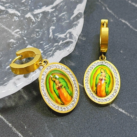 Set di Gioielli in Acciaio Inossidabile Vintage Religioso Collana Vergine Maria Croce Strass Perla Artificiale Turchese Donna