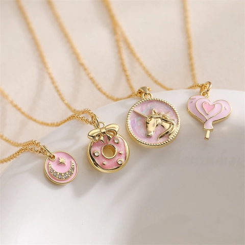 Collier Pendentif Émail Rose Cuivre Plaqué Or Beignet Licorne Cœur Étoile Lune Doux Bijoux De Mode Délicats Pour Filles
