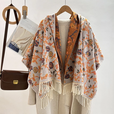 Damen Nationalstil Jacquard Quasten Schal Winter Warm Verdickt Viskose Stola Retro Blumenmuster Ethno Halstuch