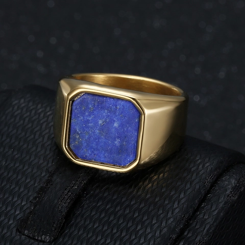 Men Signet Ring Stainless Steel Natural Tiger Eye Lapis Lazuli Square Stone Geometric Band Fashion Jewelry