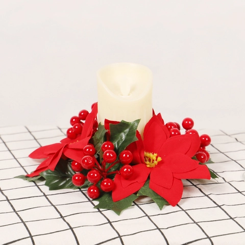 Weihnachtsstern Kerzenring Kranz Künstliche Blumen Rote Beeren Grüne Blätter Tischdekoration Festliche Dekoration