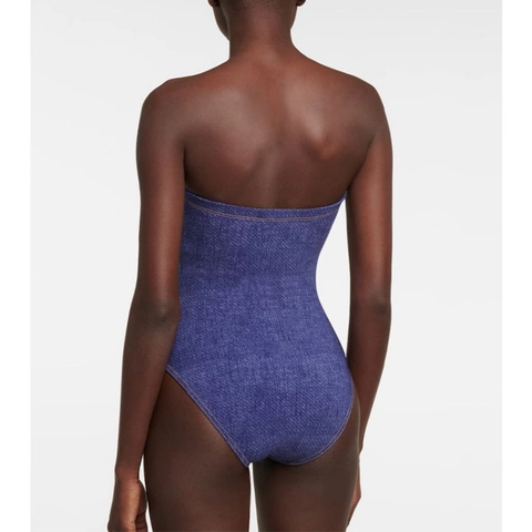 Costume Da Bagno Texture Denim Da Donna Con Fiocco Volant Gonna A Righe Vacanza Al Mare