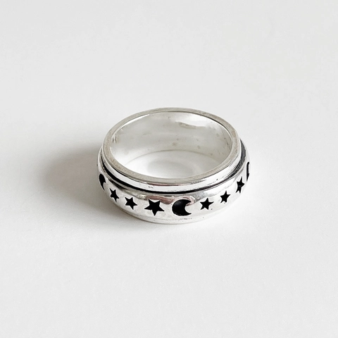 Anello Spinner Stella Luna Argento Sterling 925 Vintage Sollievo Dallo Stress Fascia Larga Gioielli Rotanti