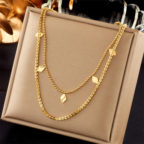 Collier Pendentif Losange en Acier Titane Double Couche pour Femme Chaîne de Clavicule Étoile Géométrique Plaqué Or Luxe Léger Bijoux Choker