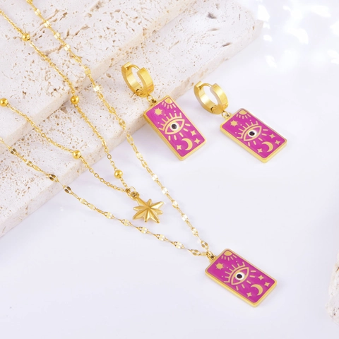 Set di Collana e Orecchini Vintage Francese Oro Acciaio al Titanio Malocchio Stella Luna Smalto Gioielli Tarot Donna