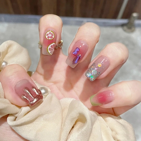 Frische Zitrone Muster Ballerina Kunstnägel Zum Aufkleben ABS Kunststoff Straßsteine Glitter Glänzend Künstliche Nägel Damen
