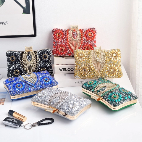 Luxury Rhinestone Evening Bag Metal Box Clutch With Round Handle Crystal Handbag For Party Wedding Women Floral Pattern