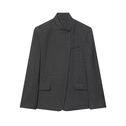 Dames Blazer Jas Met Opstaande Kraag Donkergrijs Knoopsluiting Wolmix Lange Mouwen Zakelijk Casual Chique