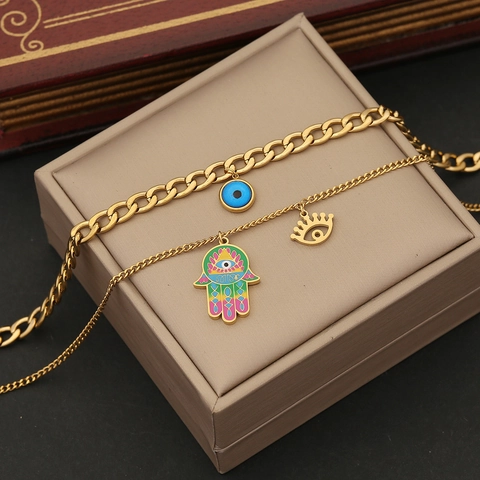 Stainless Steel Hamsa Hand Evil Eye Double Layer Necklace Bracelet And Hoop Earrings Enamel Gold Plated Jewelry