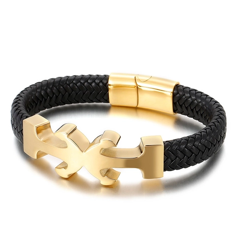 Men Braided Leather Bracelet Stainless Steel Geometric Magnetic Buckle Nautical Style Fashion Wristband