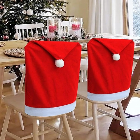 Weihnachts Stuhlhussen Weihnachtsmann Mütze Design Rot Weiß Vliesstoff Für Esszimmer Feiertag Party Tischdekorationen