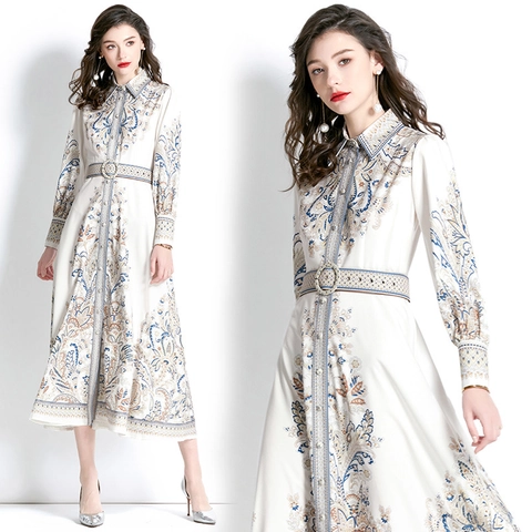 Vintage Paisley Print Chiffon Maxi Hemdkleid Lange Laternenärmel Revers Knopfleiste Gürtel Elegantes Damen Kleid