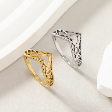 Hollow Heart Pattern V Shape Ring Stainless Steel Wishbone Geometric Fashion Jewelry For Women