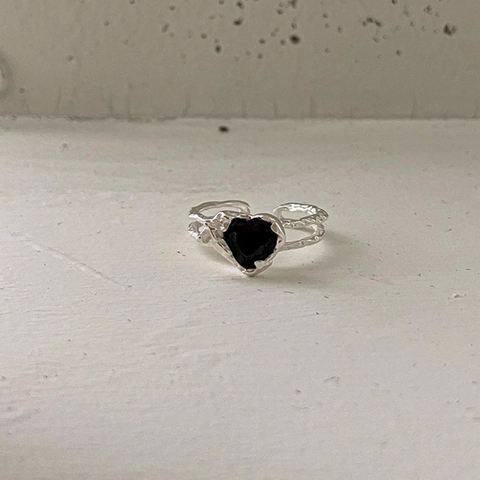 925 Sterling Silver Heart Zircon Adjustable Open Ring Irregular Lava Texture Minimalist Sweet Style Jewelry For Women
