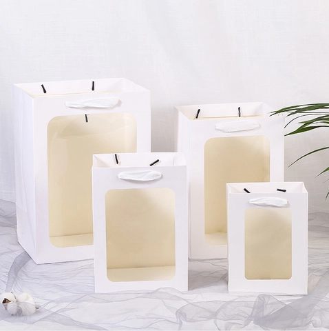 Gift Packaging Bag With Clear Window Cardboard Handbag For Wedding Party Bouquet Flower Portable Minimalist Marble Pattern