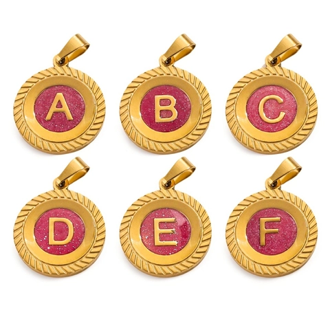 Stainless Steel Pink Glitter Initial Alphabet Pendant Only Without Chain Round Gold Plated A-Z Letter Charms DIY Jewelry