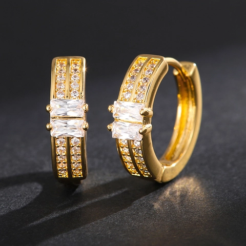 Vintage Geometric U-Shaped Gold Plated Hoop Earrings Inlaid With Zirconia Fashion Copper Jewelry For Women Wedding Daily Accessories