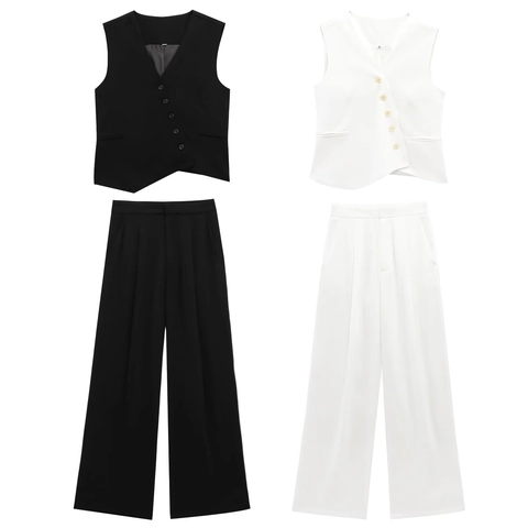 Women Suit Vest And Wide Leg Pants Polyester Asymmetric Hem V Neck Business Casual Streetwear Outfits