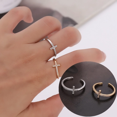 Cross Offener Ring Für Frauen Kupfer Micro Pave Zirkonia Verstellbarer Minimalistischer Eleganter Schmuck