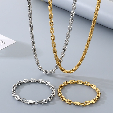 Collier Et Bracelet Pour Homme En Acier Inoxydable Chaîne À Maillons Bambou Accessoires Style Punk Tendance
