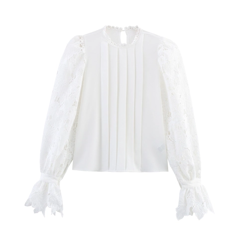 Donna Elegante Camicetta Bianca Con Pizzo Maniche A Campana Pieghettata Girocollo Camicia Dolce Da Ufficio Top
