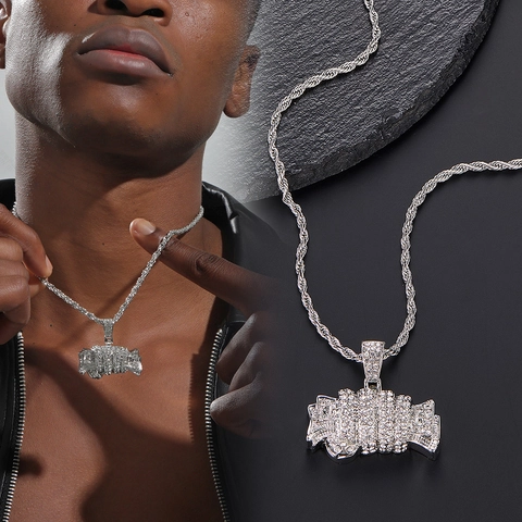 Collana con Pendente a Rotolo di Soldi Hip Hop Lega di Strass Catena a Corda in Acciaio Inossidabile Gioielli Streetwear