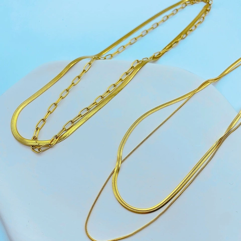 Collana Doppio Strato Catena A Serpente E Maglia Graffetta Acciaio Inossidabile Placcato Oro Minimalista Donna