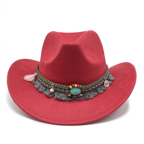 Western Cowboy Hut Wildleder Breite Krempe Boho Ethnisch Gewebtes Band Türkis Quasten Vintage Jazz Fedora